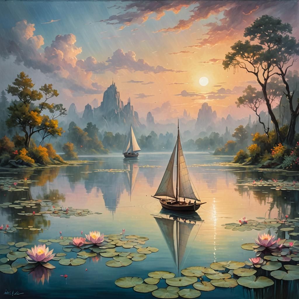 Mystical Dragon Sailboat on Misty Lake Painting