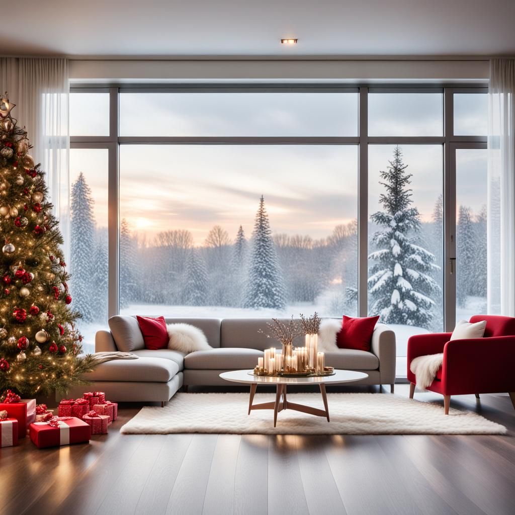 Festive Christmas Living Room with Winter View