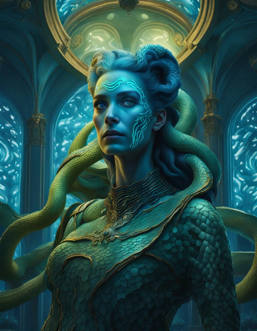 Bioluminescent Snake Woman in Hyperreal Galactic Art