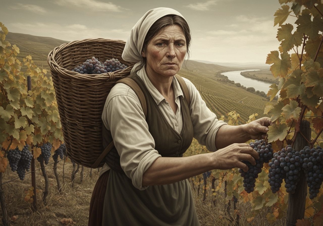 Resilient Woman Harvesting Grapes in Autumn Vineyard