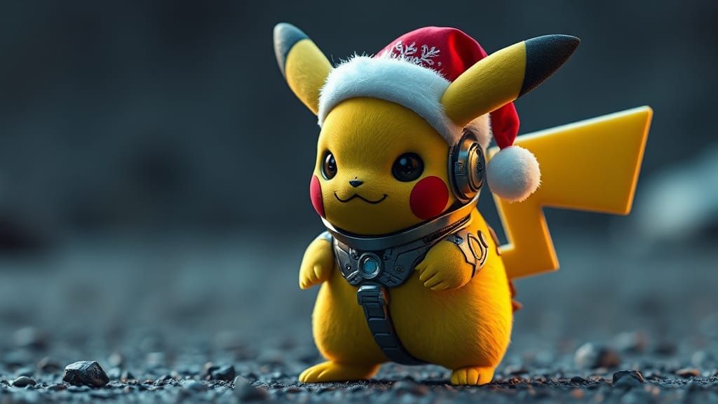 Pikachu , dark eyes and no smile cruel face with xmas hat  in xmas suit, intricate mech details, ground level shot, 8K r...