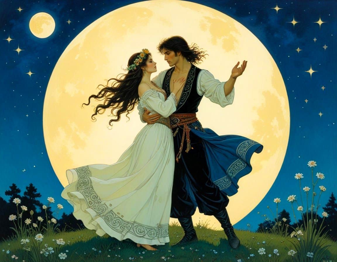 Moonlit Pagan Offering Dance in Folk Art Style