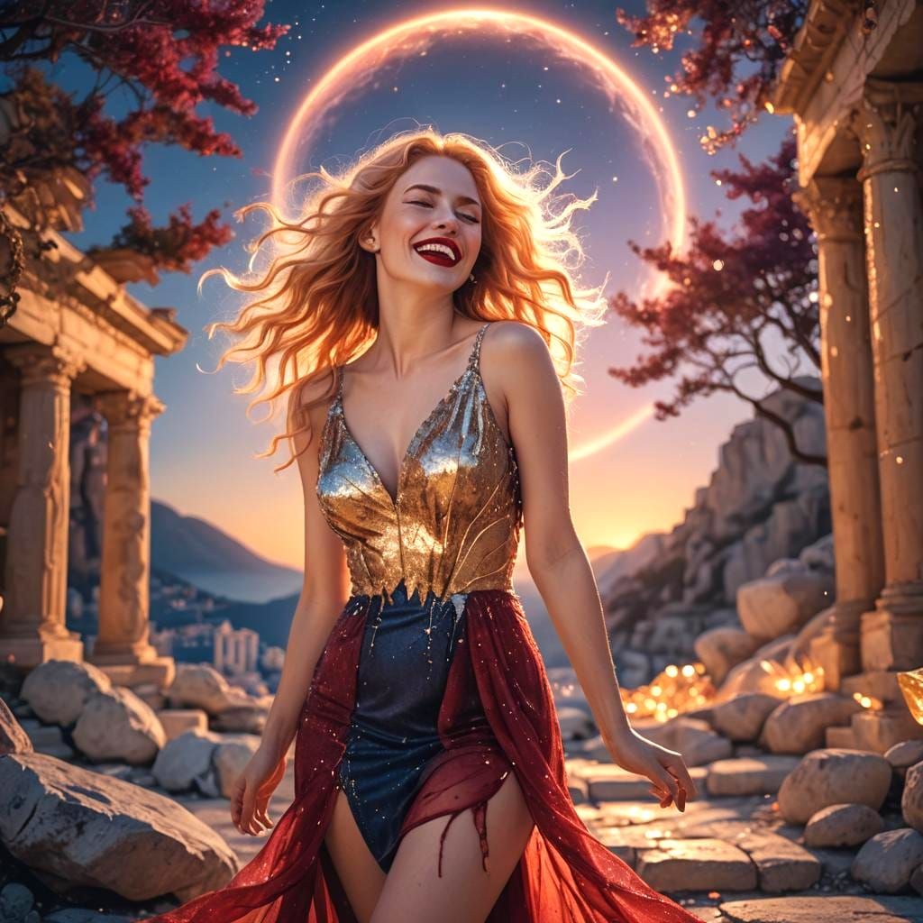 Stunning Woman in Red and Gold Crystal Dress