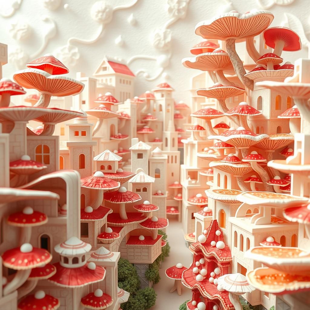 Ethereal Papercraft Fungus City Inspired by Miyazaki