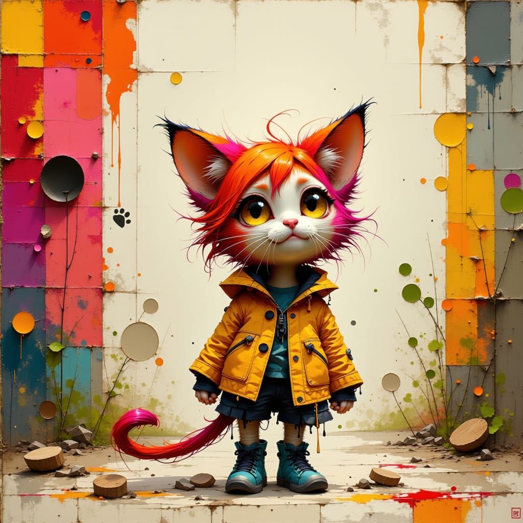 Chibi Yarn Cat in Cozy Room, Oil Painting Style