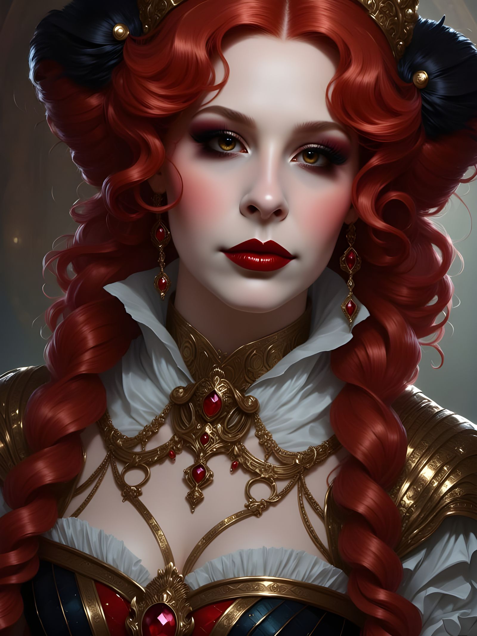 Gilt Harlequin Queen with Intricate Makeup and Red Hair