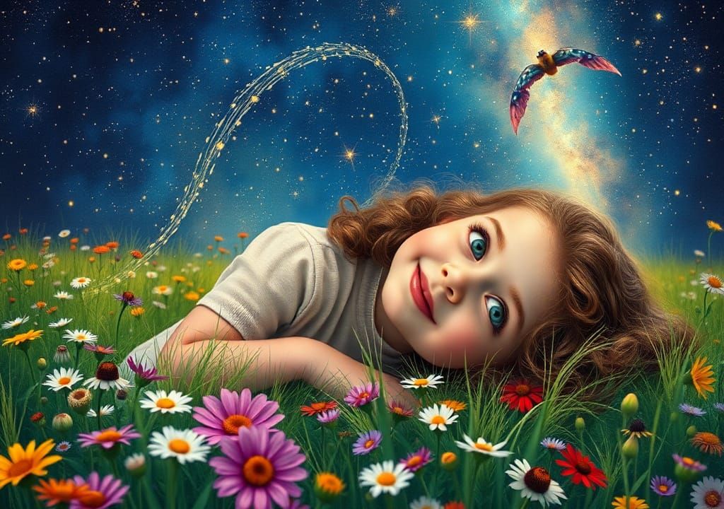 Girl Gazing at Starry Sky in Art Nouveau Style