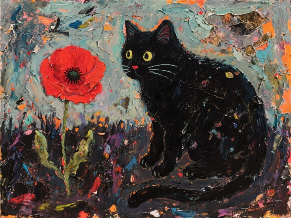Black Cat Gazing at Poppy in Expressionist Painting