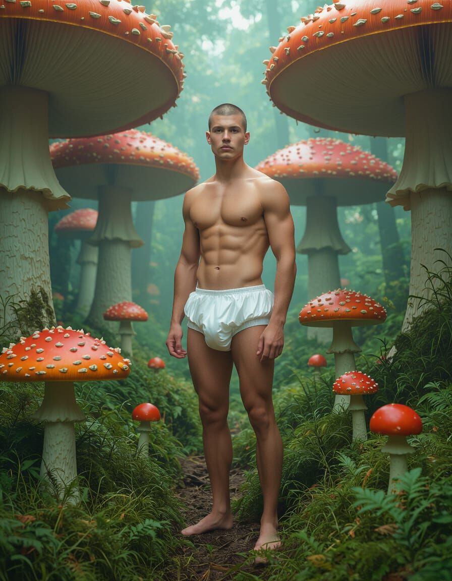 Man in Diaper in Giant Mushroom Forest