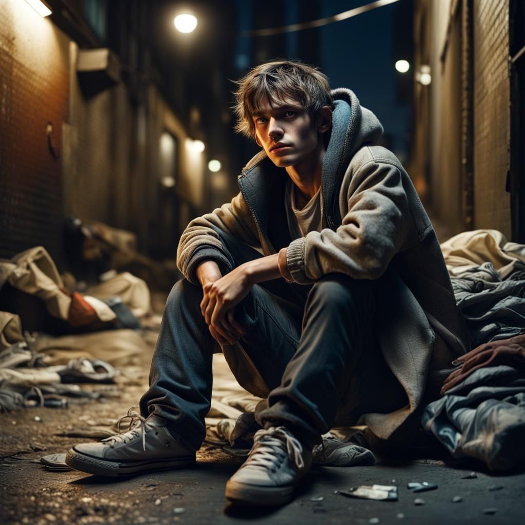 Homeless Boy in Dystopian City Alley