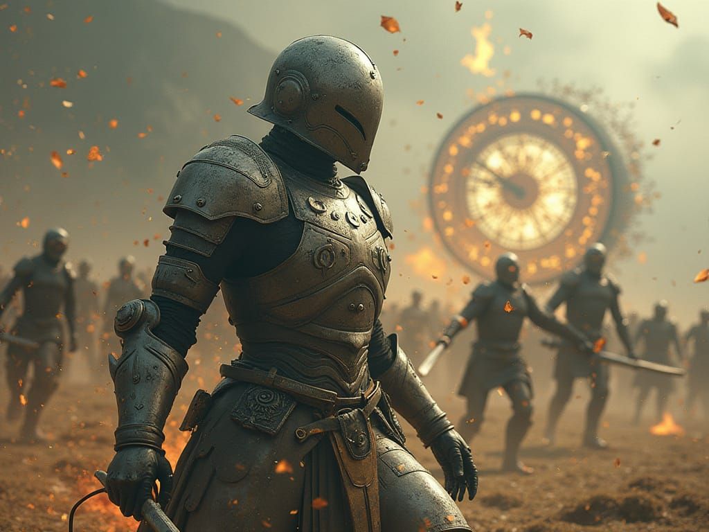 Futuristic Warrior with Melting Clock in Dreamlike Style