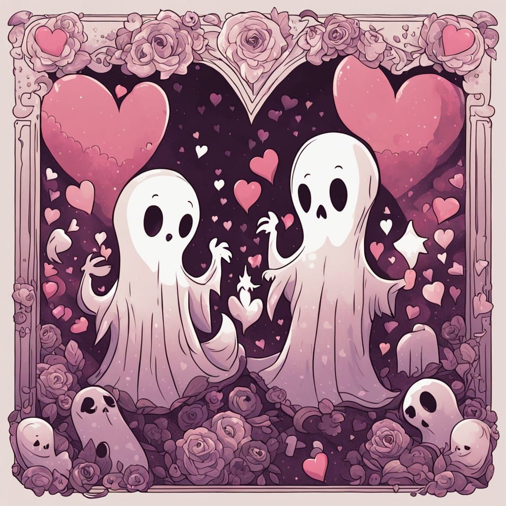 Cute Ghosts Embracing in Eerie Romantic Glow