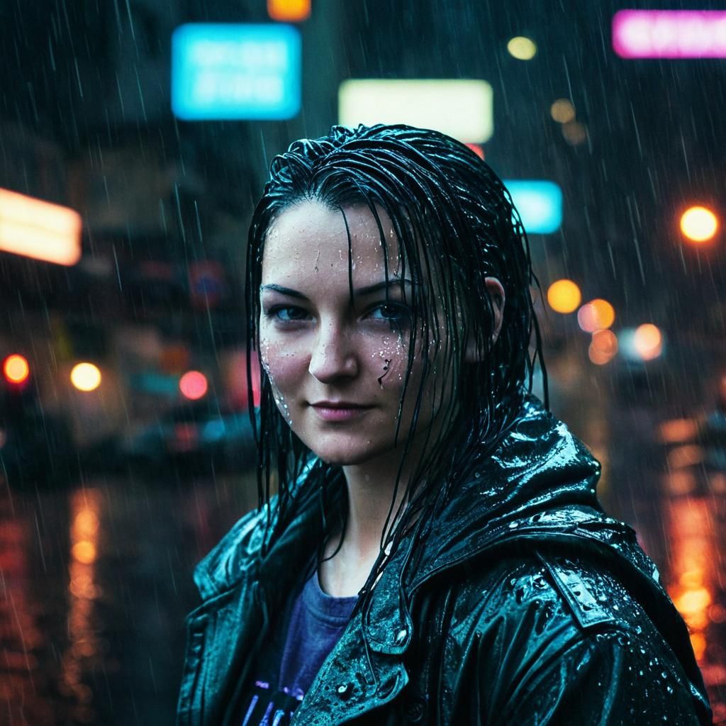 Cyberpunk Protagonist in Rainy Cityscape