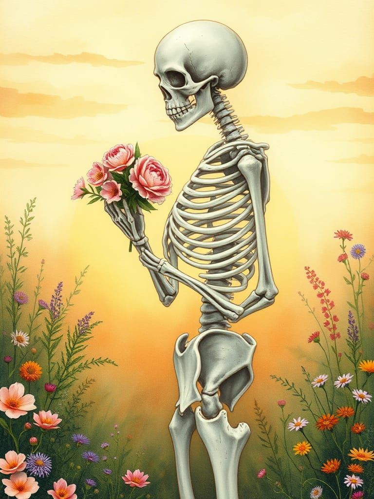 Ethereal Skeleton in Love amidst Whimsical Garden