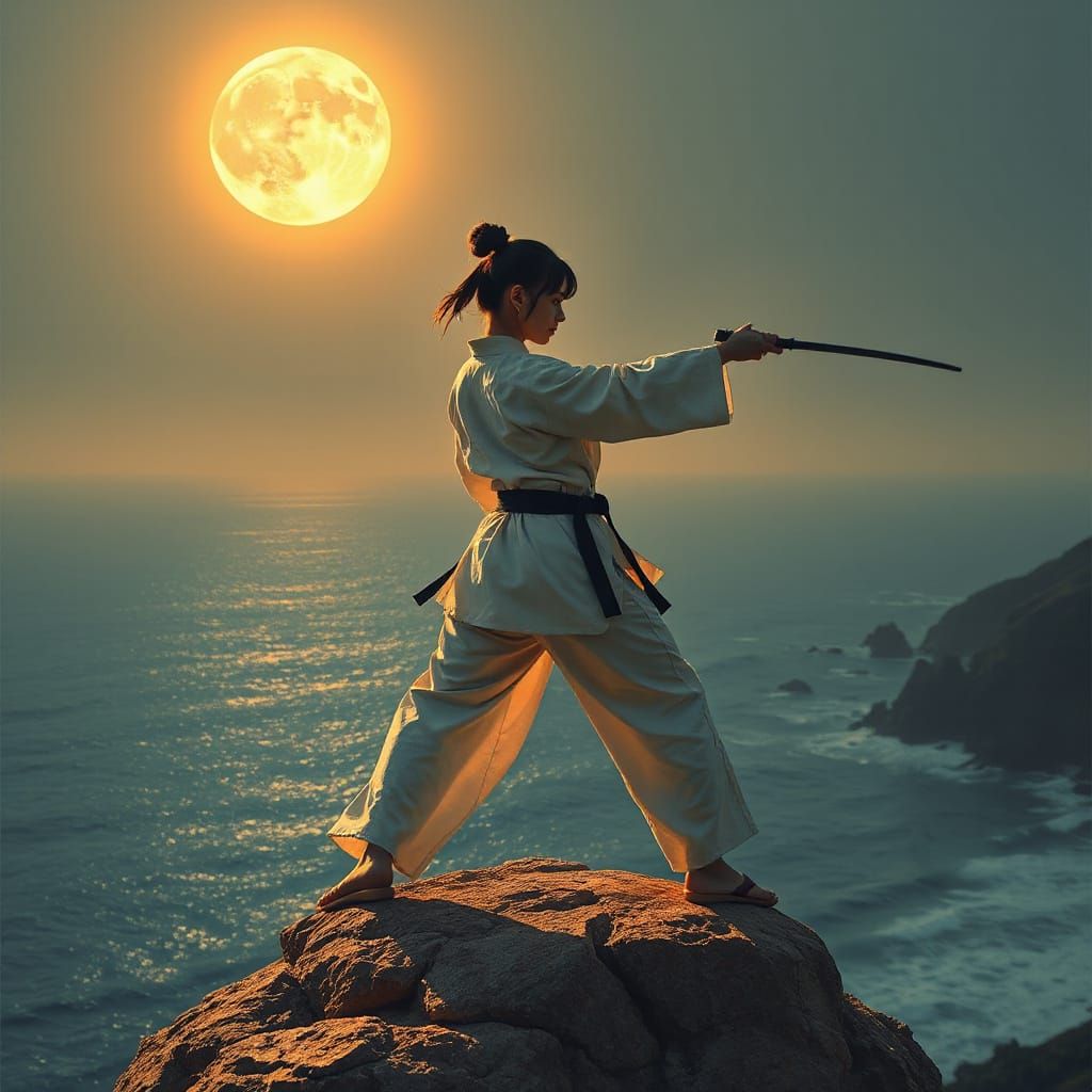 Woman Practicing Ninjutsu Under Moonlight in Cyberpunk Style