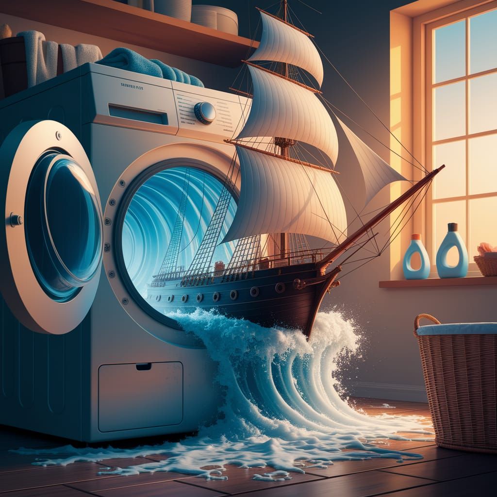 Surreal Sailing Ship Emerges from Washing Machine in Dramati...