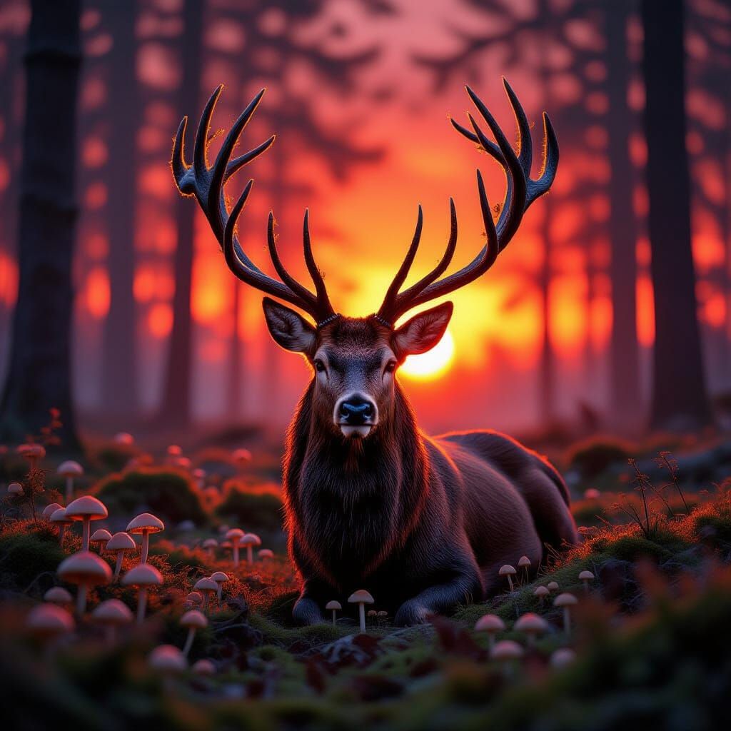Majestic Stag with Glowing Antlers at Sunset
