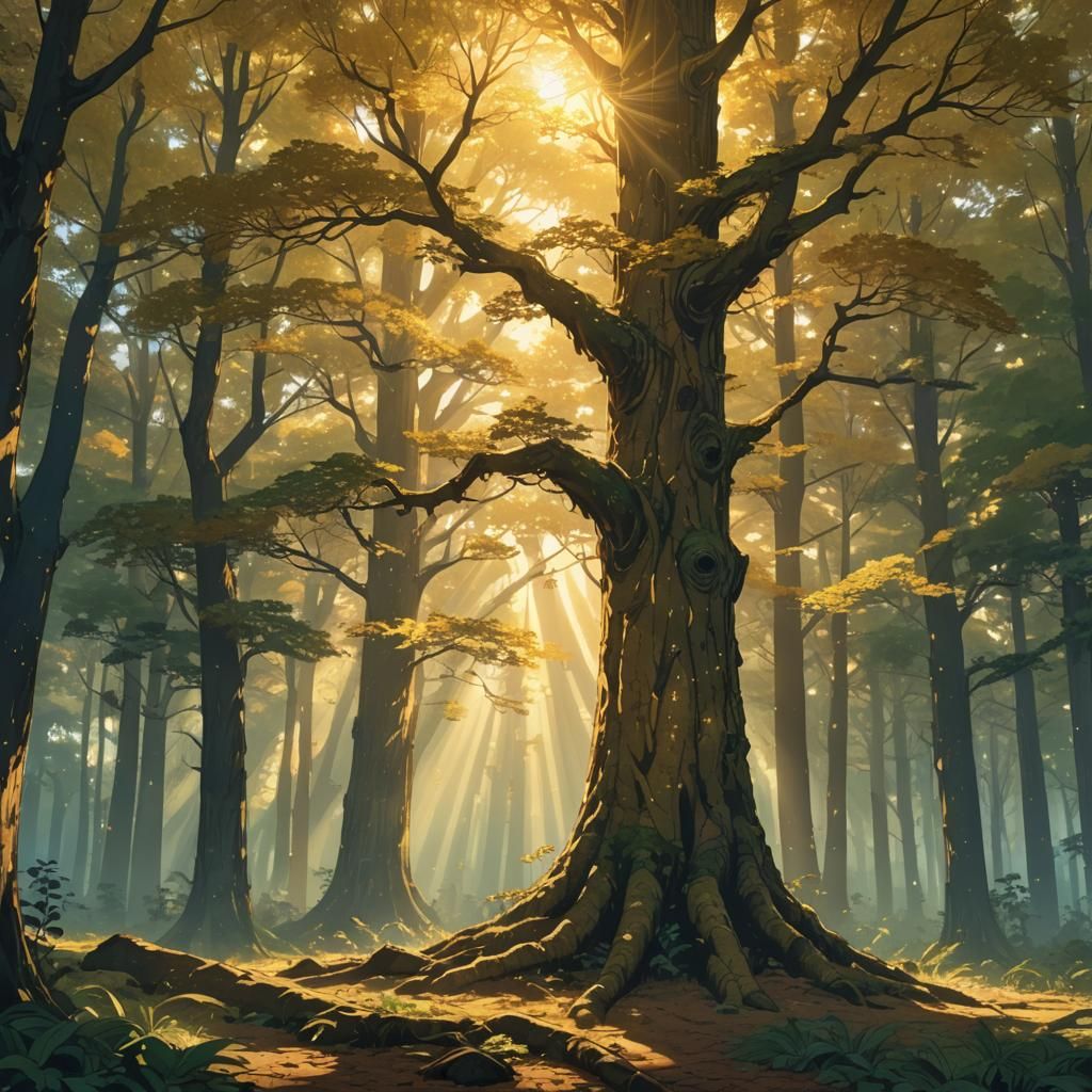 Golden Tree in Sunlit Forest: Anime Style