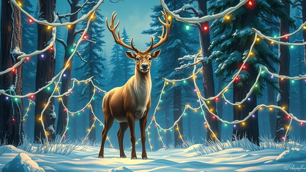 Whimsical Christmas Forest with Majestic Reindeer in Vibrant...