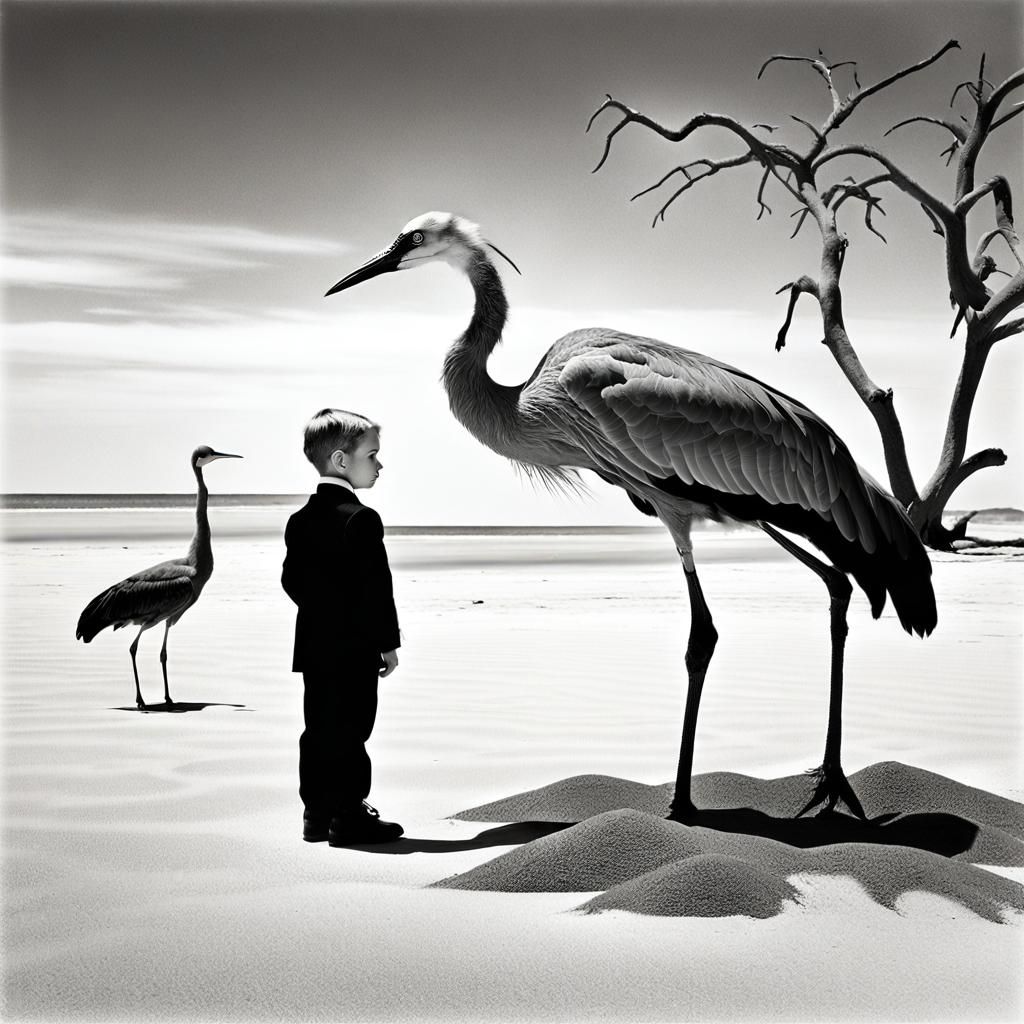 Boy and Crane on Surreal Beach: Vintage Photo