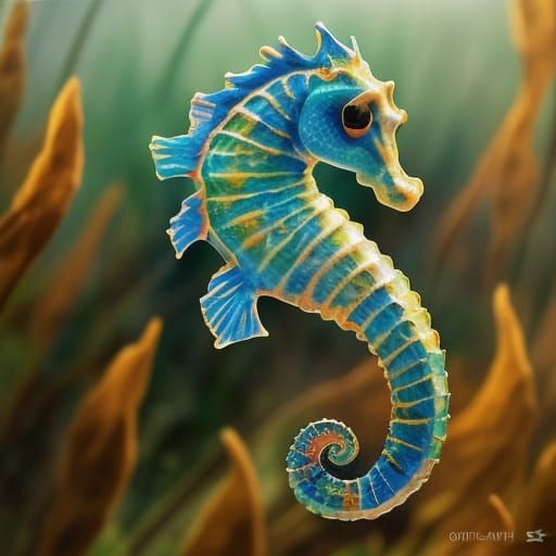 Hyperrealistic Seahorse in Seagrass Splash Art