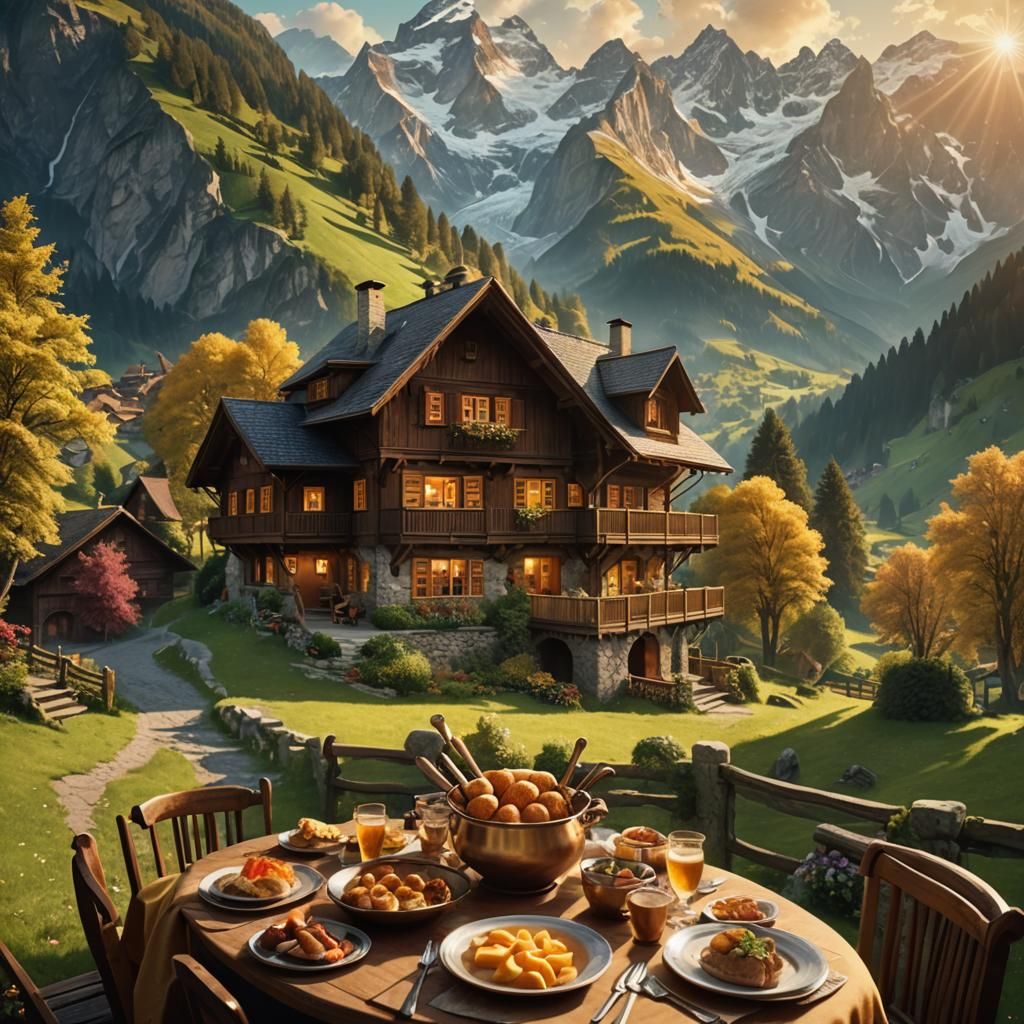 Swiss Chalet Fondue in Alpine Landscape