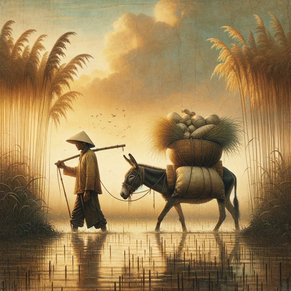 Vietnamese Farmer with Donkey in Rural Landscape