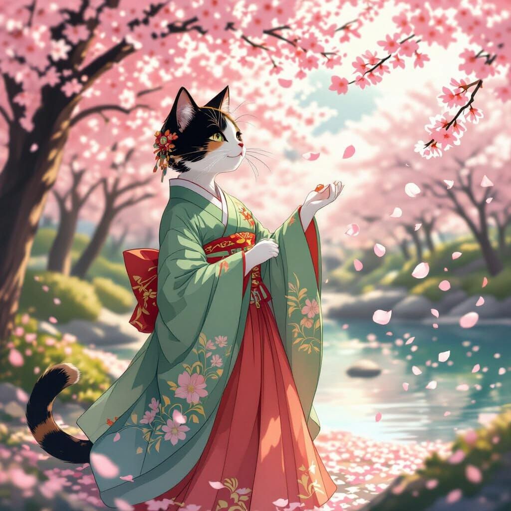 Anthro Cat in Elegant Hanbok Amidst Cherry Blossoms