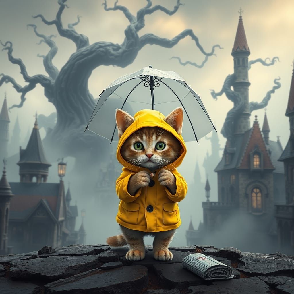 Whimsical Kitten in a Rainy Cityscape, in a Detailed Matte P...