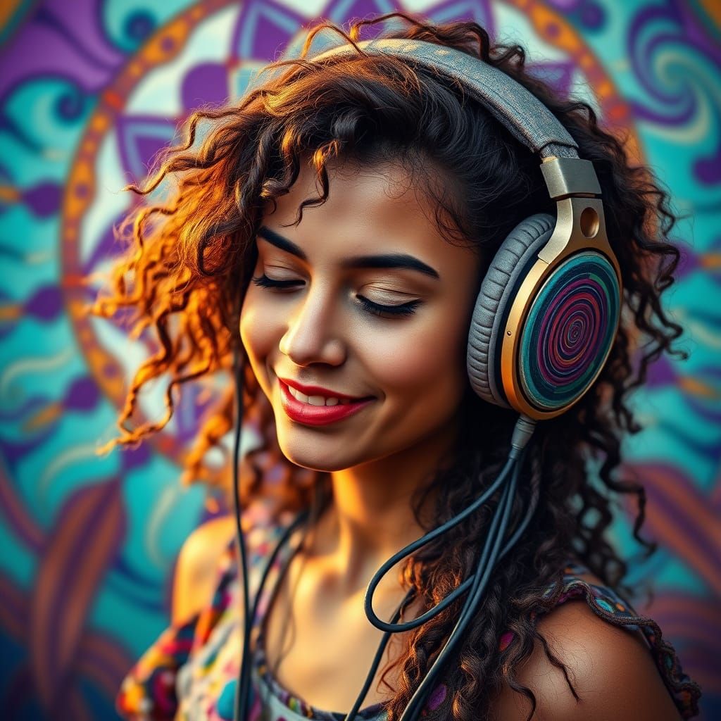 Vibrant Free-Spirited Woman in Kaleidoscopic Dreamscape