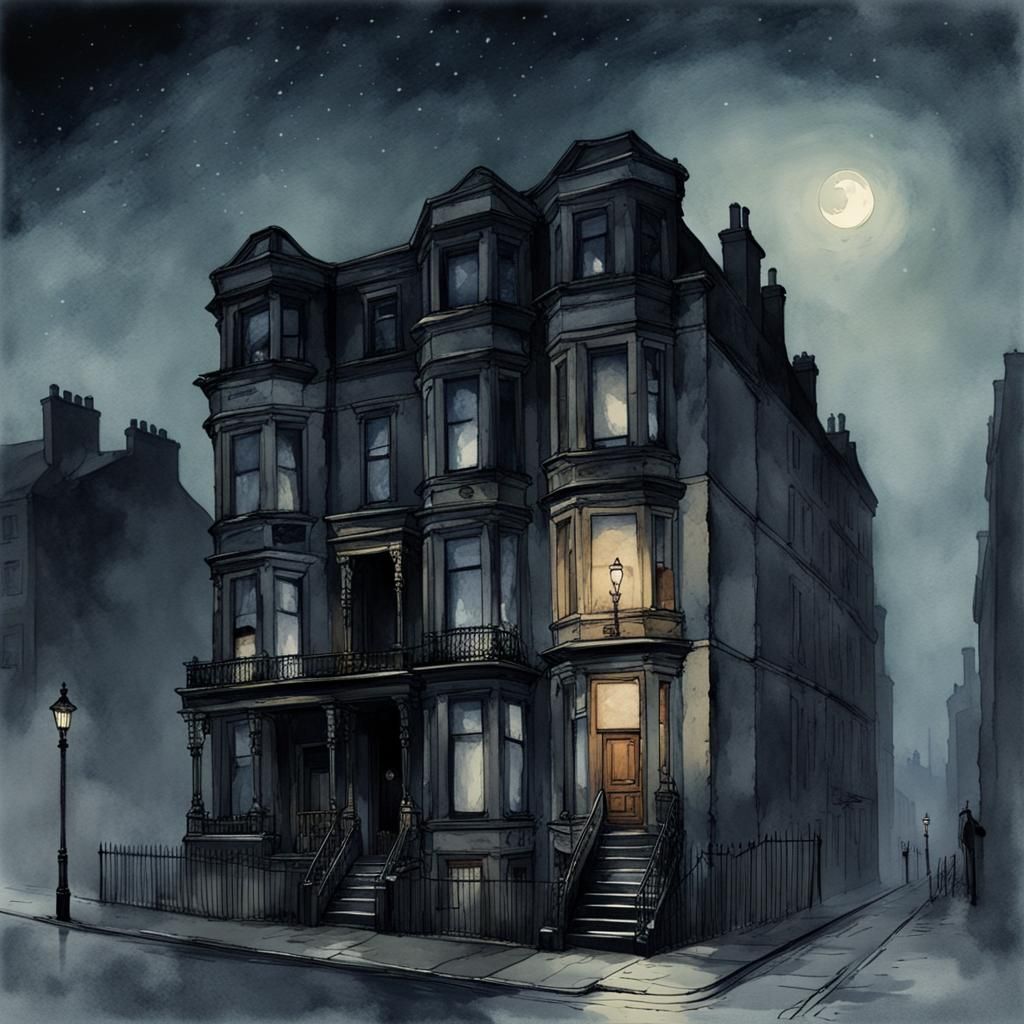 Victorian Glasgow Tenement at Night: Watercolour Style