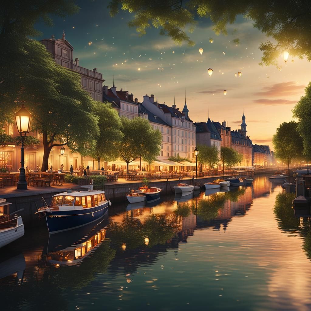 Romantic City Port with Vintage Boats