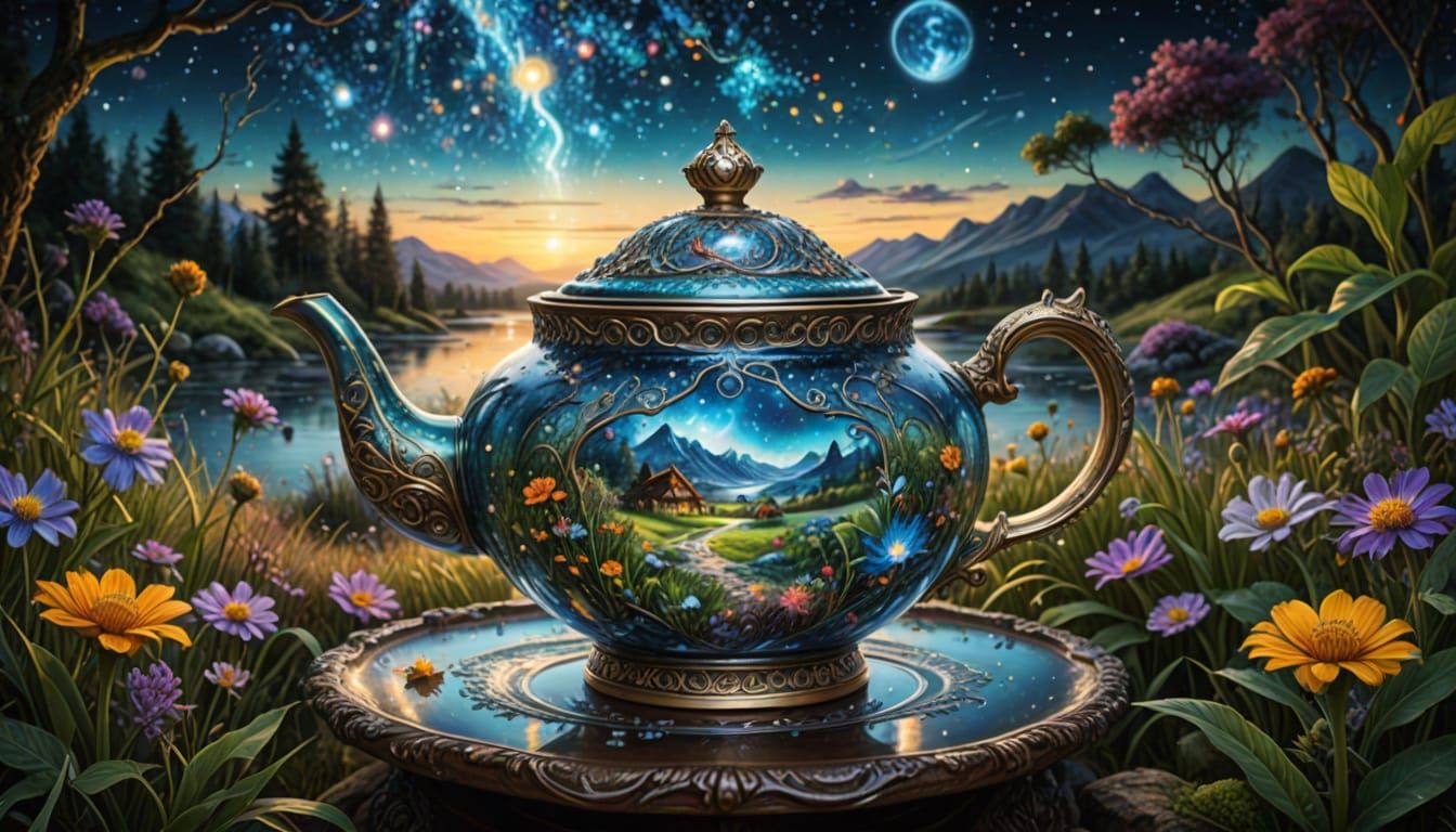 Starlit Summer Landscape Flowing From Teapot