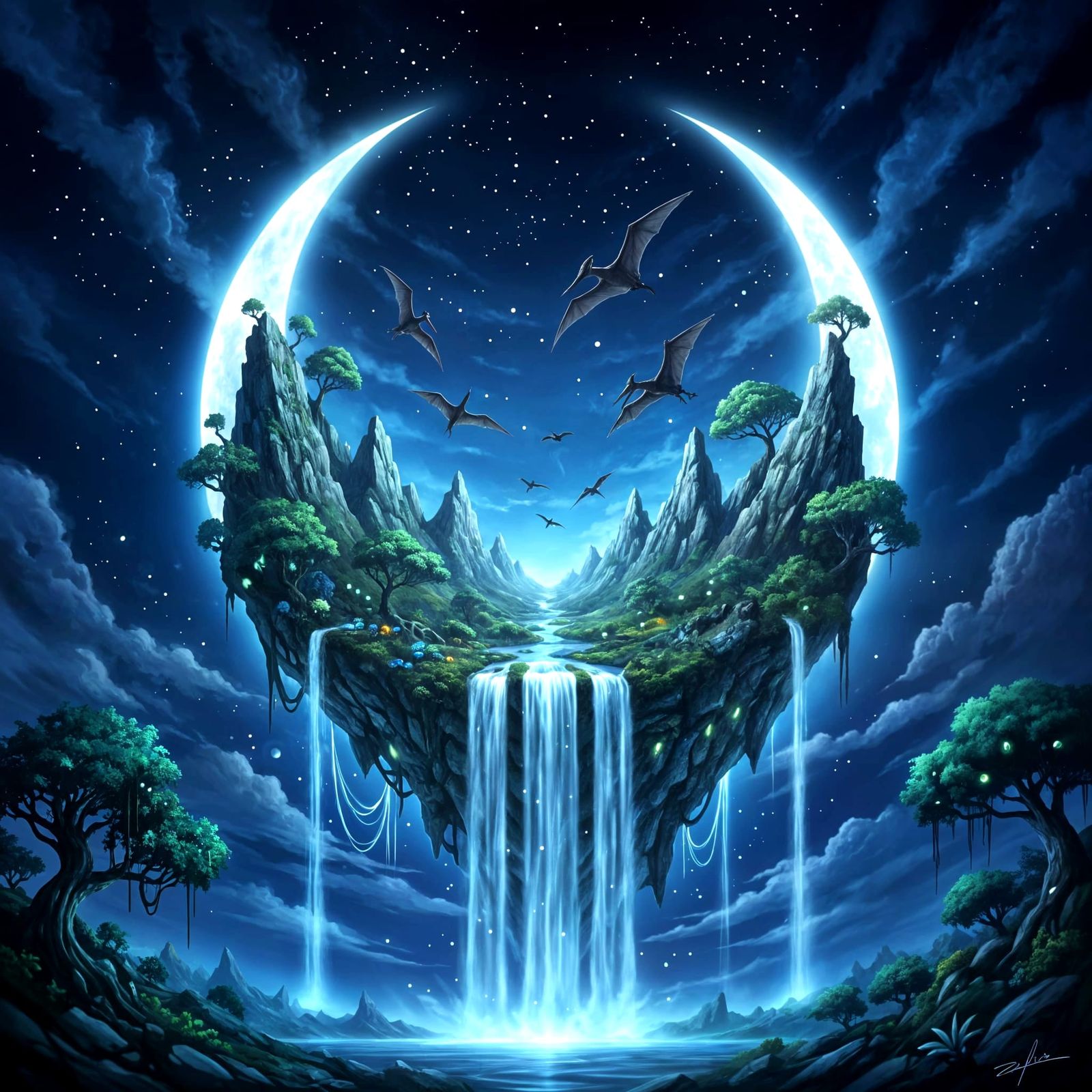 Crescent Moon with Jurassic Island in Ethereal Moonlight