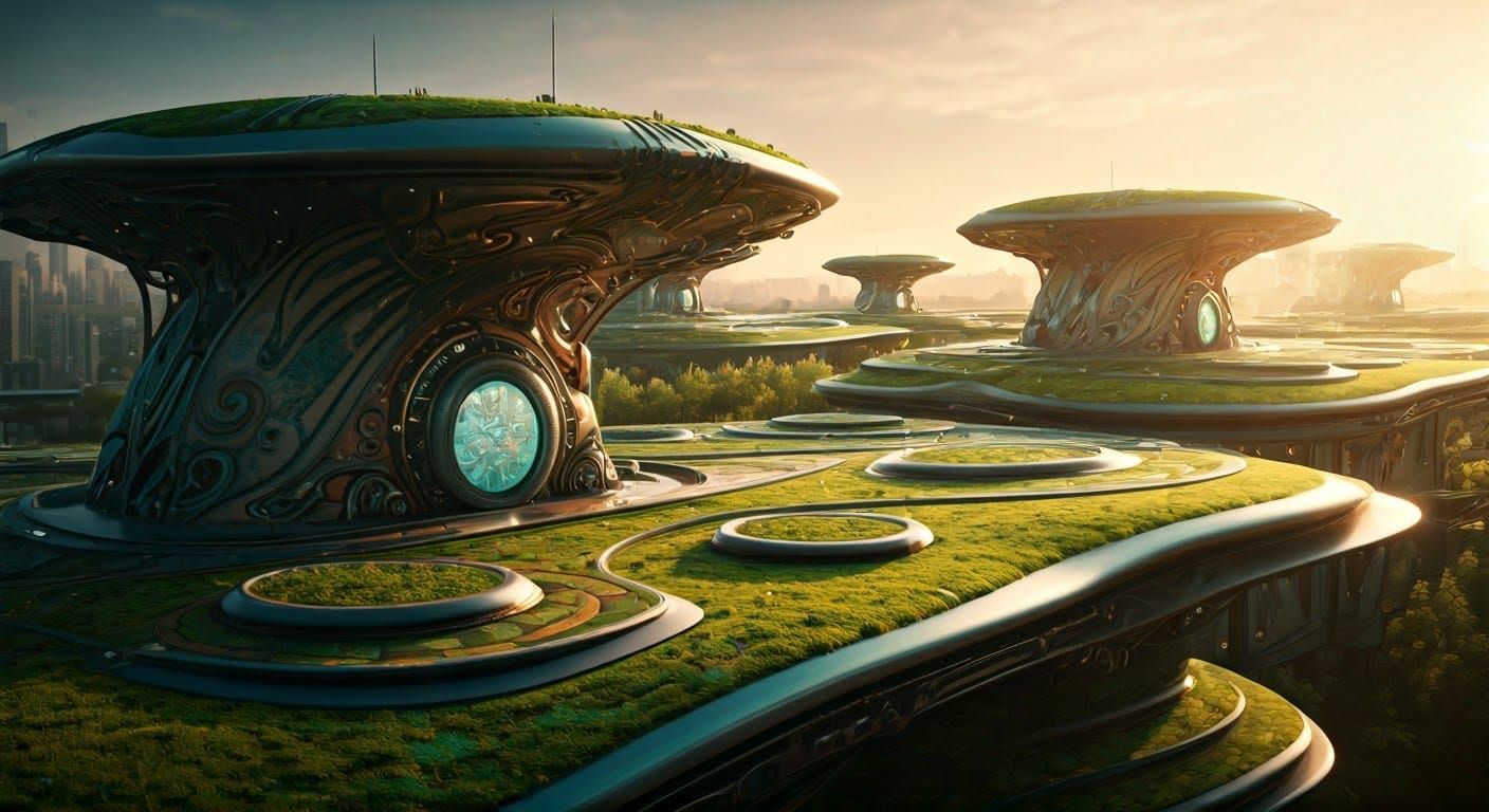 Sleek Futuristic Vertihubs in Lush Cityscape