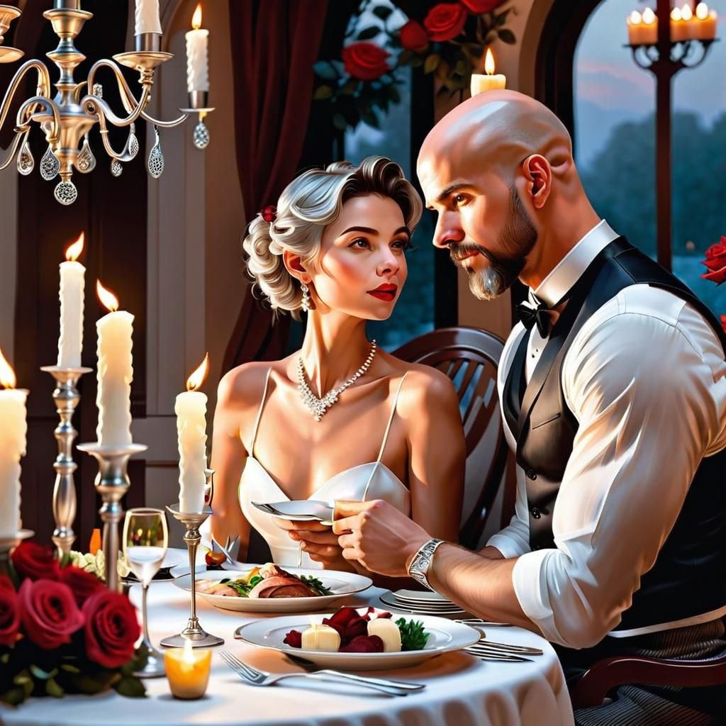 Romantic Candlelit Dinner in Gouache Style
