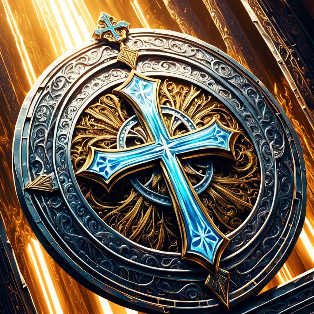 Giant Silver Shield with Cross in Hypersurreal Art