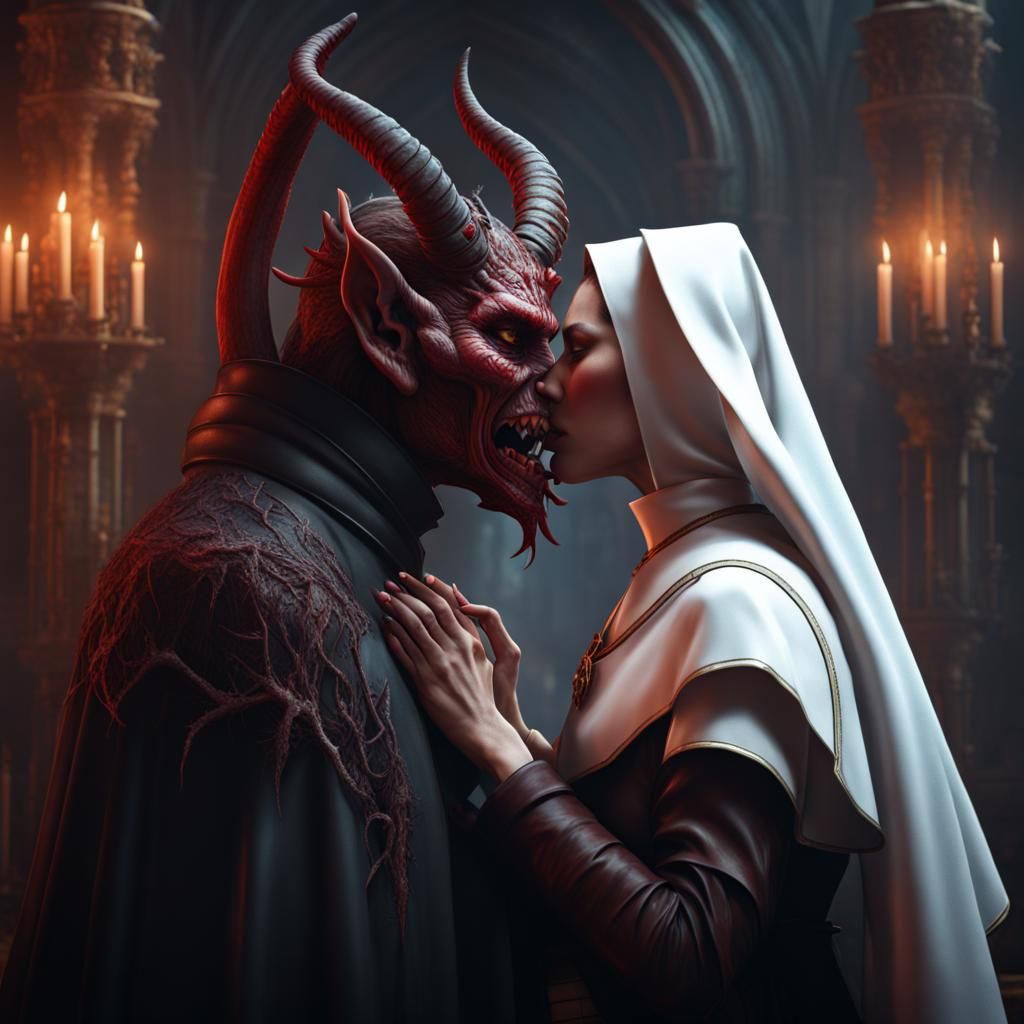Nun Kissing Demon: Detailed Fantasy Concept Art