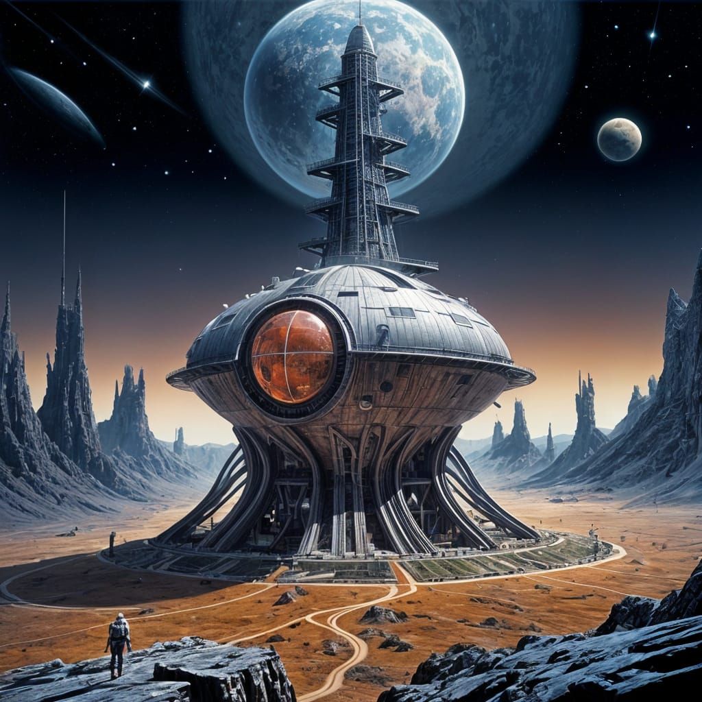 Red Tower on Alien Planet with Spaceship