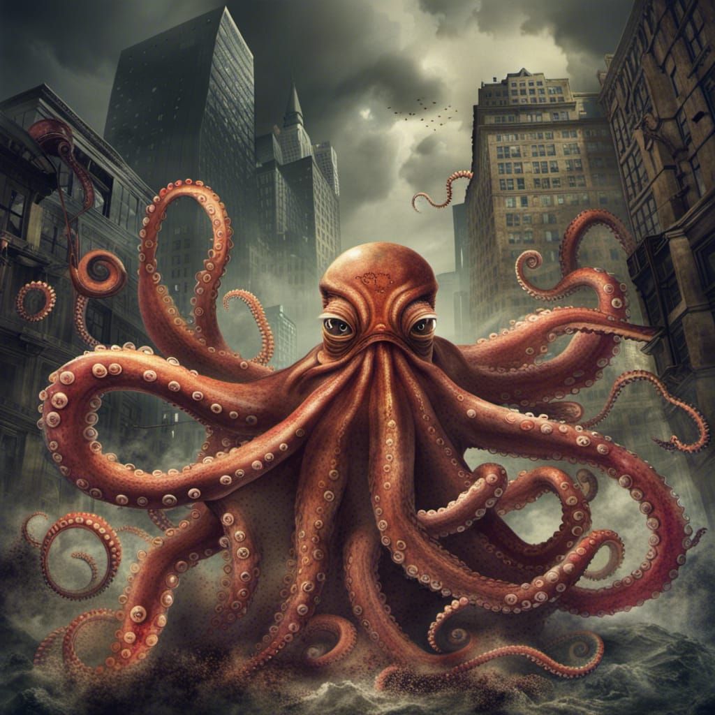 Apocalyptic scary angry octopus rule the world