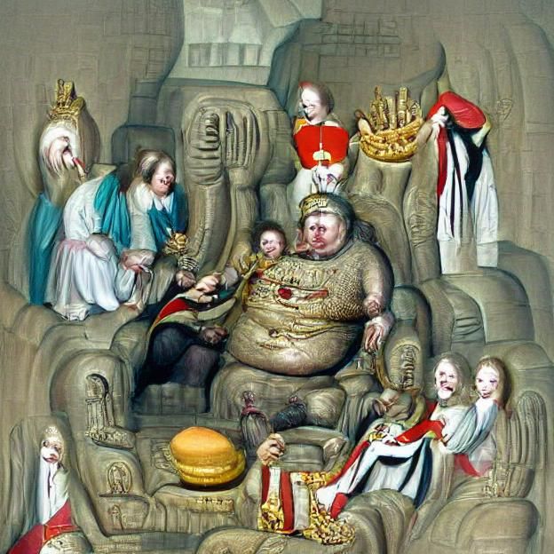 Morbidly Obese King on Throne in Naive Art Style