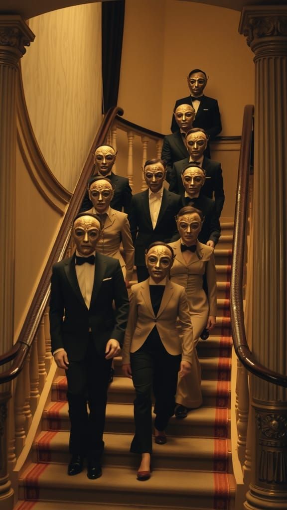 Masked Figures Descend in Sepia Tone