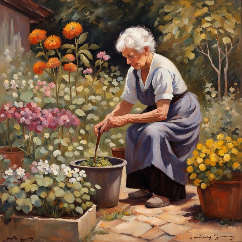 an elderly woman working in her garden