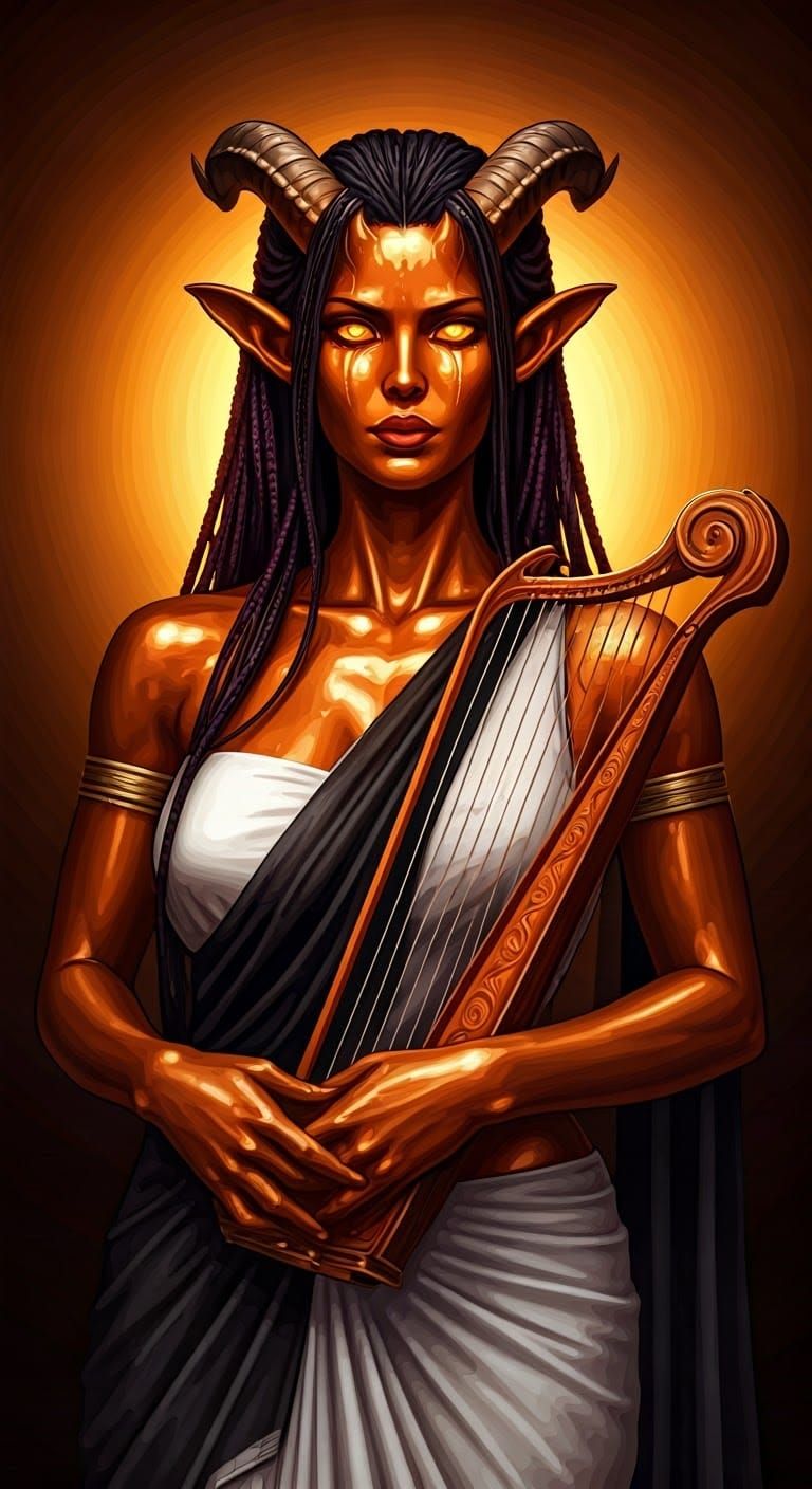 Tiefling Woman with Harp in Pre-Raphaelite Style