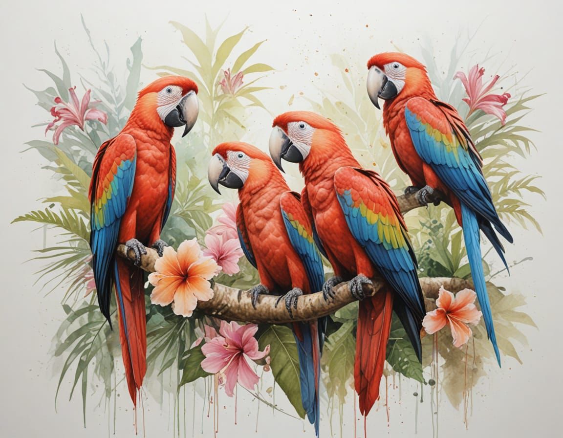 Vivid Macaws in Tropical Jungle, Painterly Realism