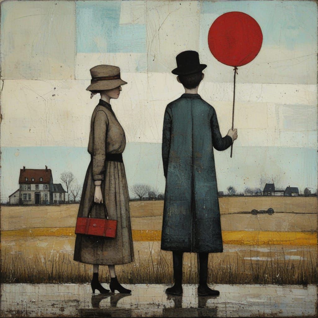 Encaustic Painting of Couple with Balloon