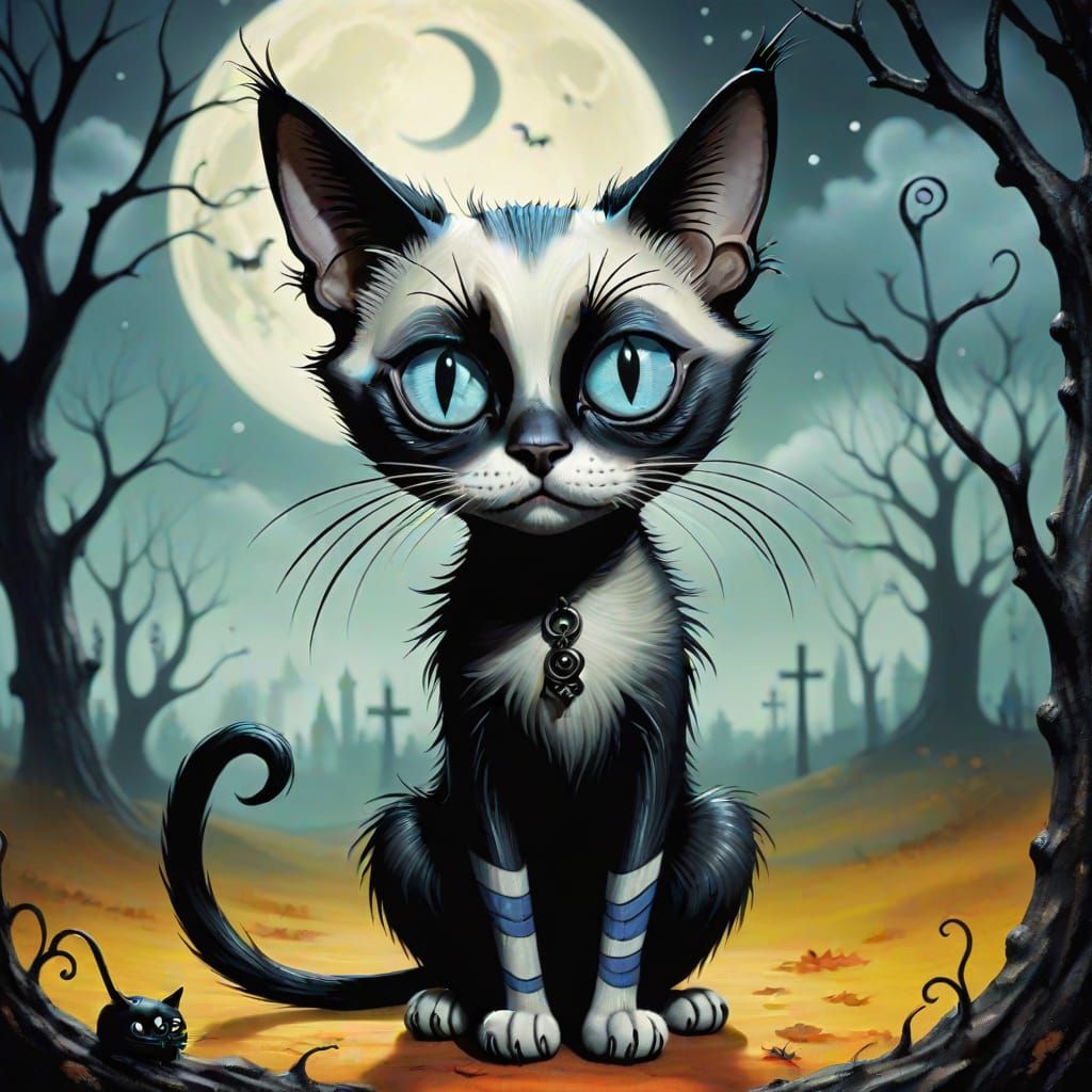 Gothic Siamese Cat in Burtonesque Style