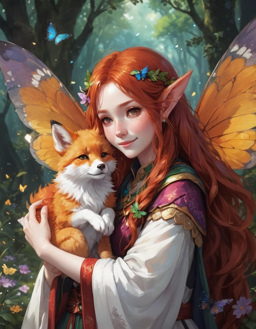 Allianne, fey wizard, with her pet fox Reddy