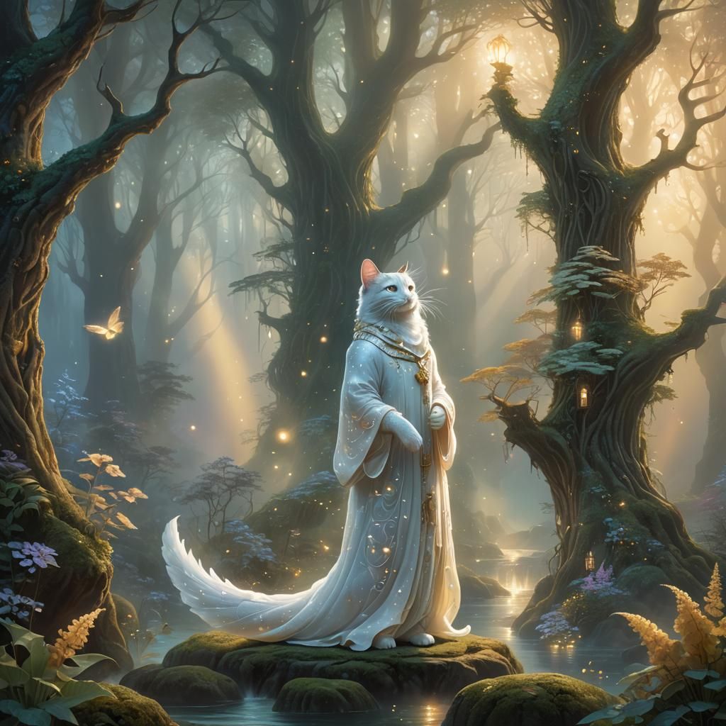 Mystical Mercat in Dreamy Forest, Kinkade Style