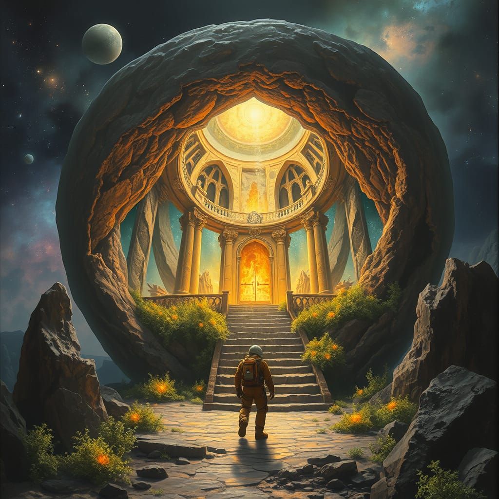 Cosmic Temple Inside Asteroid Revealed in Oil Painting